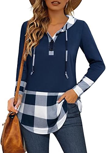 MCKOL Women's Thin Hoodies Pullover Plaid Patchwork Long Sleeve Hooded Sweatshirts Fall Long tops to Wear with Leggings 1 MCKOL Women's Thin Hoodies Pullover Plaid Patchwork Long Sleeve Hooded Sweatshirts Fall Long tops to Wear with Leggings