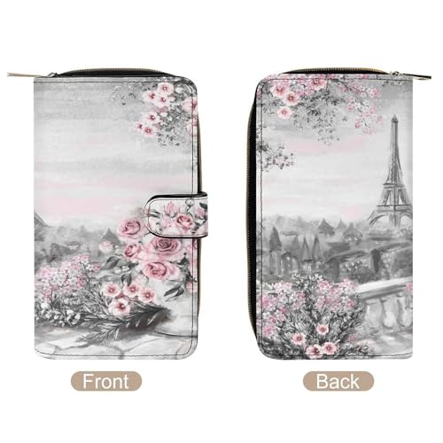 Nugier Women Soft PU Leather Wallet, Zipper Card Case Clutch Credit Bills Money Crash Coin 7.8x4.3x1.4 in Holder Purse Print Eiffel Tower Pink Roses4