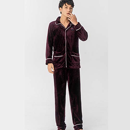 Ensemble de pyjamas chauds hommes velours vêtement nuit boutonné rouge - 4