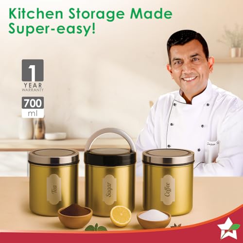 Image of Wonderchef Ambrosia Kitchen Organiser 3 Pc. Set with See-through Lid for Kitchen /Dining Table, Store Tea Coffee Sugar, Airtight Transparent Lid with Silicone Lock Mechanism, 1-Yr Warranty, Gold Finish