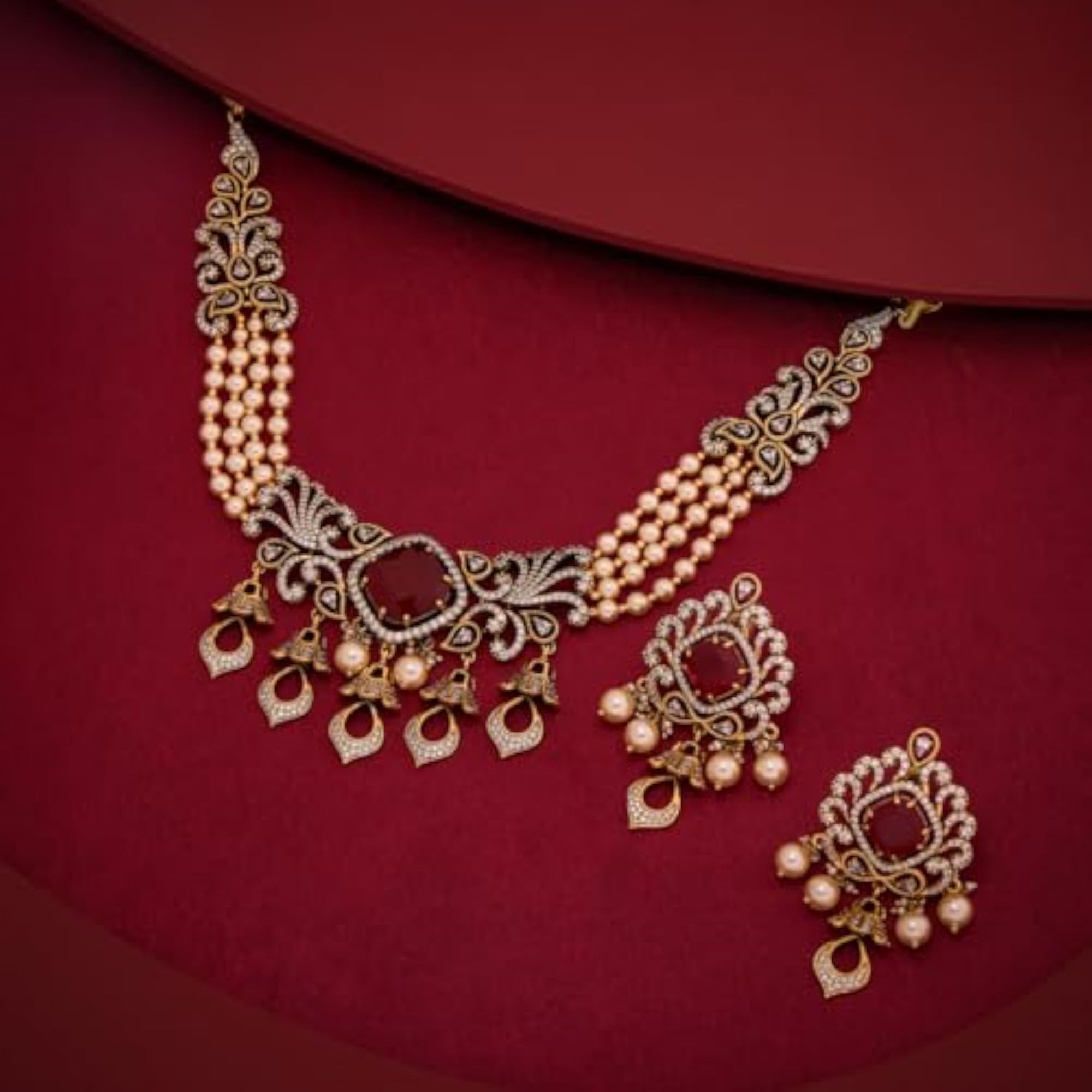 KUSHAL'S Fashion Jewellery Ruby Victorian Plated Zircon Necklace Set