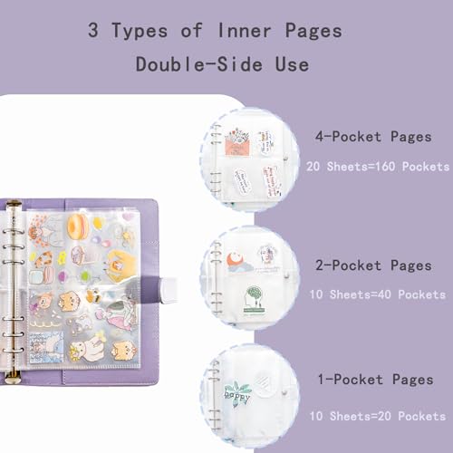 Image of Sticker Binder Organizer with Storage Sleeves,Reusable Stickers Collecting Book Album Holder, A5 Blank Sticker Container Organizer-Purple