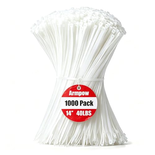 Armpow 14 Inch Zip Ties White 1000 PCS, 40 Lbs- Heavy Duty Tensile Strength, Nylon PA66 UV Resistant Cable Ties for Indoor and Outdoor Use - Ideal for object bundling and fastening