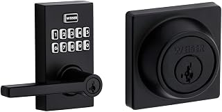 Weiser SmartCode 10 Lever Electronic Lock, Matte Black & Elements Square Deadbolt with SmartKey, Matte Black