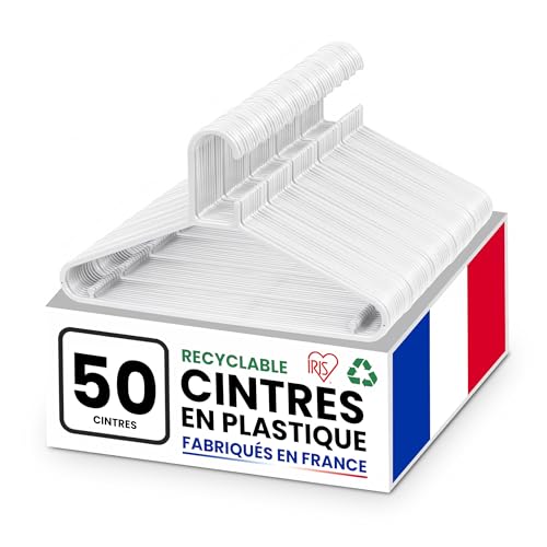 Iris Ohyama, Cintres Plastique, Lot de 50 cintres, Cintre Gain de Place pour vêtements, Blanc, sans BPA, Placards, Chemises, Manteaux, Cravates, Robes,...