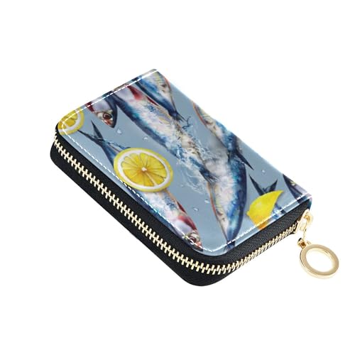 Burbuja Sardines with Lemon Credit Card Holder for Women Men RFID Blocking, Leather Accordion Zipper Card Case Wallet 11 Slots