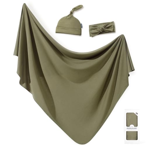 Image of GRSSDER Newborn Swaddle Blanket, Ultra Soft Jersey Receiving Blanket with Matching Headband and Beanie Set 33x44 inch, Stretchy Baby Neutral Swaddle Wrap for Girls and Boys