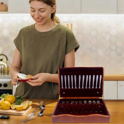 Silverware Storage Box,1 Layer Wooden Silverware Chest with Drawer,Silverware Case with Handle and Felt Lined,15.35\" x 11.41\" Flatware and Utensil Organizer for Kitchen,Black(Flatware Not Included)