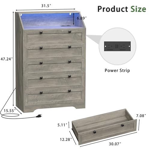 Image of Wodeer Grey Dresser Tall 5 Drawer Dresser for Bedroom, Wood Chest of Drawers with LED Lights, Charging Station, Metal Handles, Modern Storage Cabinet and Organizer Drawers for Living Room, Hallway
