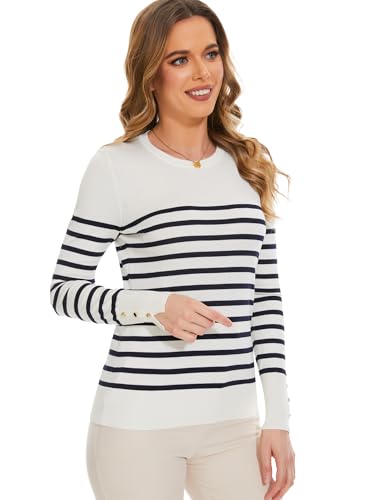 Image of Sweaters for Women Striped Crew Neck Pullover Sweater Lightweight Long Sleeve Fall Knit Tops