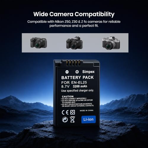 Image of Simpex EN-EL25 Rechargeable Li-ion Camera Battery 3200mAh 7.2V | High-Capacity Replacement Battery Compatible with Nikon Z50, Z30 & Z fc Mirrorless Cameras(Black)