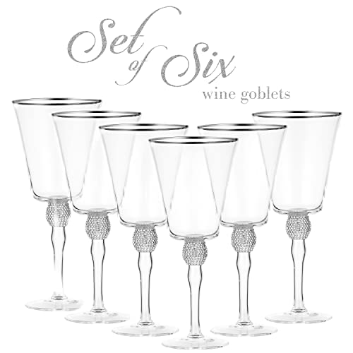 Berkware Set Of 6 Wine Glasses - Luxurious And Elegant Sparkling Studded Long Stem Red Wine Goblet With Silver Rim (Set Of 6) #TOP1