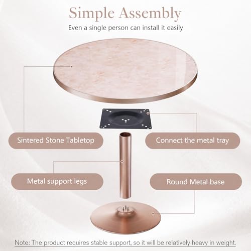 Image of 31.5 inchTulip Table, Sintered Stone Small Round Dining Tables&Metal Edge&Base | Small Modern Circle Dining Table for 2-4 Person ,Bistro Tables for Dining Room /Kitchen /Restaurants /Small Spaces /Marble Pink