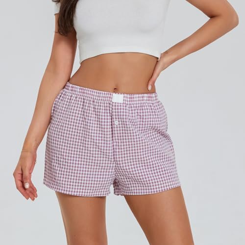 Image of Women Y2k Gingham Boxer Shorts Plaid Striped Cute Mini Bloomers Elastic Waist Loose Fit Summer Shorts