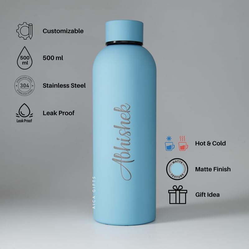 Image of AICA Personalized Name Stainless Steel Water Bottle - 500ml (Baby Blue) | Customized Birthday Anniversary Christmas Eve Secret Santa New Year Gifts for Boys Men