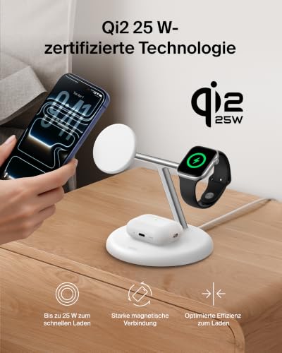Belkin UltraCharge 3-in1 Induktive-Ladestation mit Qi2, 25W – Weiß – Ansicht 4