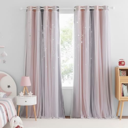 NICETOWN Blackout Moon Stars Kids Curtains for Girls Bedroom Aesthetic Decor Colorful Cute Double Layer Stripe Rainbow Window Wall Home Decoration Curtain, 2 Panels, W52 x L84 Inches, Pink & Grey