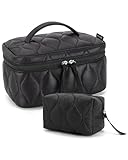 BAGSMART Travel Makeup Bag, 2-Piece Puffy Quilted Cute Make Up Bag Cosmetic Bags for Women, Large Wide-Open Toiletry Pouch Gifts for Toiletries Accessories Travelling Essentials, Black