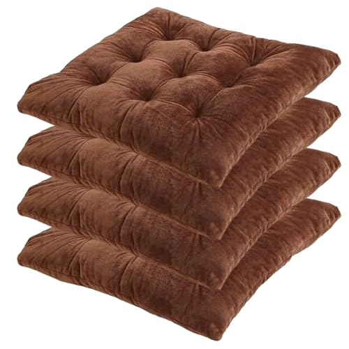 Chair Cushions with Ties, Dining Square Chair Mats, Office Seat Pad, 40 x 40 x 7 cm, Comfortable Indoor Soft Cotton Cushion, 4 Pieces (Brown)