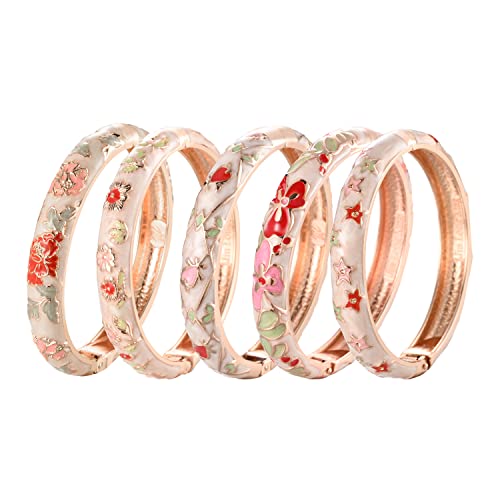 Ujoy Bangles 5 Pcs Enamel Jewelry Set Rose Gold Flower Engraved Cloisonne Bracelets Pack In A Box 5Pcs-Cwh #TOP7