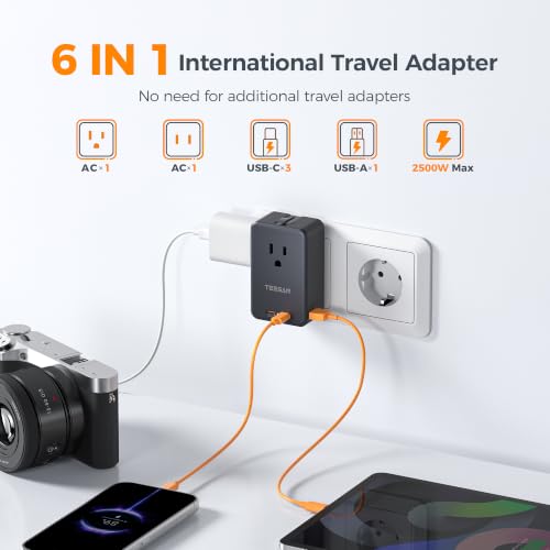 Image of TESSAN Universal Travel Adapter 70W, Ultra Thin International Power Adapter | 3 USB C 1 USB A, Worldwide Plug Adaptor for USA to Europe UK Italy Ireland Australian France Iceland Germany, Type C G A I