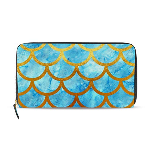 Portefeuille long en cuir poisson pour femme avec fermeture éclair et multiples porte-cartes