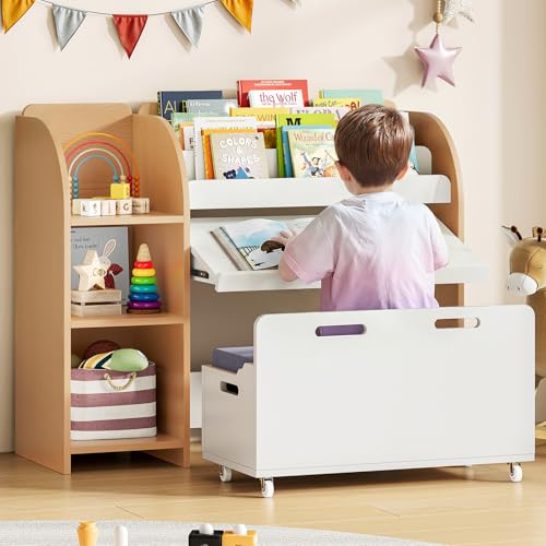 ONBRILL Kids Bookshelf and Toy Storage Organizer with Bench and Telescopic Book Holder, Reading Nook...