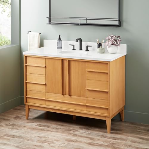 Signature Hardware 955208-48-UM-3 Sybill 48" Freestanding Teak Single Basin Vanity Set with Cabinet, Vanity Top, and Oval Porcelain Sink - 8" Faucet Holes - Natural Teak/Arctic White