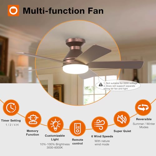 Image of addlon Ceiling Fans with Lights, 42 Inch Low Profile Ceiling Fan with Light and Remote Control, Flush Mount, Reversible, 3CCT, Dimmable, Quiet, Brown Small Ceiling Fan for Bedroom Indoor /Outdoor Use
