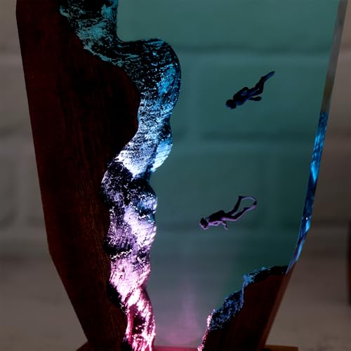 Image of Drawelry Ocean Creative Epoxy Resin Wood Light Lamp, Handmade Multi Color Aquatic Ocean Lamp Deep Sea Cave Diving Enthusiasts Led Night Light Desktop Decor Birthday Gift (Diving, M)