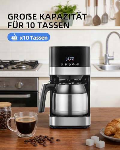 KEINVE KEINVE Edelstahl Kaffeemaschine mit timer, 24H programmierbar, LED Display, Warmhalteplatte, Abschaltautomatik, Tropfstopp, 900W, Filterkaffeemaschine mit Thermokaraffe, 10 Tassen, 1 Liter - Designansicht 6 | Kaffeemaschinen mit integrierter Mühle