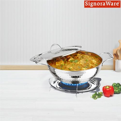 Image of Signoraware Artista Tri Ply Stainless Steel Hammered Deep Kadhai 28cm with Steel Lid | Elegant Finish | Even Heat Distribution | Ideal for Deep Frying & Daily Indian Cooking Needs (5 LTR | Steel)