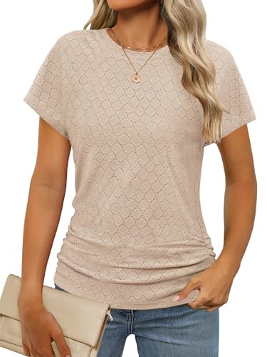 Womens Summer Ruched Tops Eyelet Cap Sleeve Tshirts Crewneck Casual Fashion 2025 Trendy Apricot XL