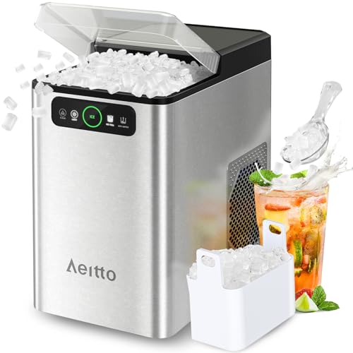 Aeitto Nugget Ice Maker 40Lbs/24H, Countertop Soft Chewable Ice Pebble Ice Machine, One-Click Operation, Auto Self-Cleaning Ice Makers with Scoop&Basket for Home, Office, Kitchen, (Stainless Silver)