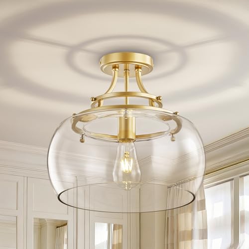 Image of KARTOOSH Industrial Round Chandelier Rustic Ceiling Light Fixture Farmhouse Pendant Light with Clear Glass Shade for Dining Room Hallway Entryway Kitchen Bedroom, Gold