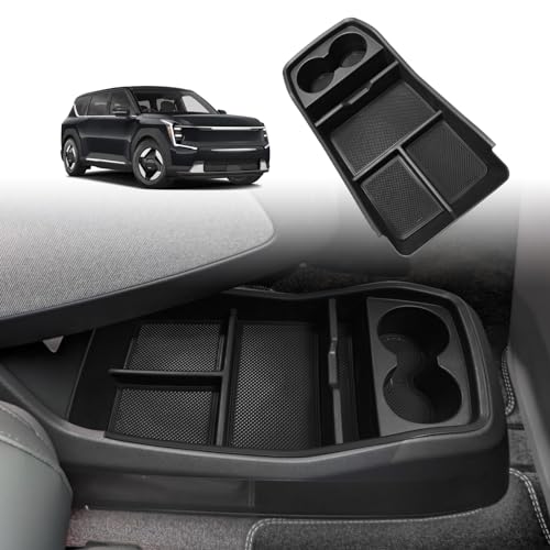 BestEvMod for EV9 Lower Center Console Organizer Tray Interior Accessories Storage Box ABS Material with PVC Trim Compatible with 2024 2025 2026 Kia EV9 Accessories (Cup Holder Lower Organizer)