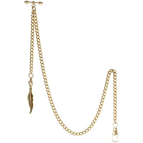 TREEWETO Men's Albert Chain Pocket Watch Curb Link Key Chain 2 Hooks with Antique Gold Leaf Pendant Design Charm Fob T Bar Cover