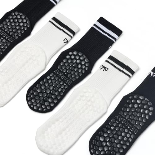 Image of Non-Slip Pilates Yoga Socks for Women Cotton Crew Striped Bow Embroidery for Barre Ballet Dance Workout