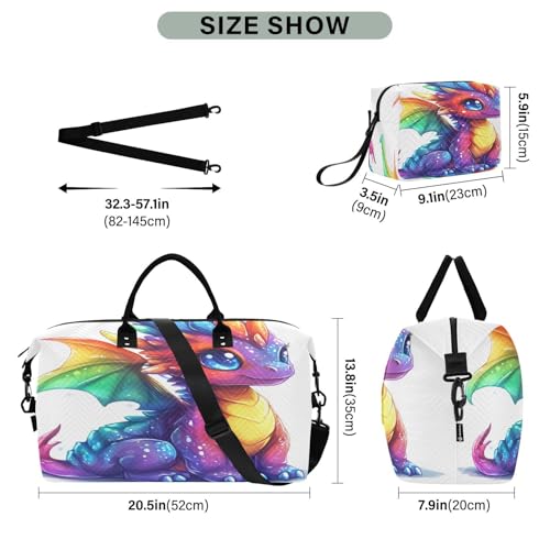 Travel Duffle Bag Weekender Bags Overnight Bag with Toiletry Bag Gym Duffel Bag Orange Purple Yellow Cute Drangon for Travel Business Trips Sport3