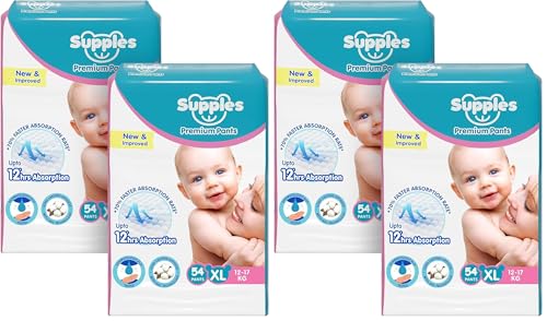 Image of Amazon Brand - Supples Premium Baby Diaper Pants | 108 Baby Diapers | XL | 12-17 Kg | 12 Hrs Absorption | Cushiony Cotton Soft Fabric | Phthalates-Free | Triple Leak Guard | 54 Count, Pack of 4