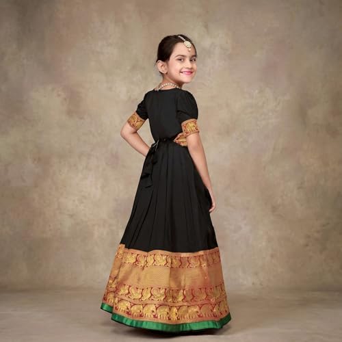 Image of Girls Silk Pattu Gown for Kids Traditional South Indian Long Ethnic Dress | Baby Girl Festival Pavadai Sattai Style Party Wedding Birthday Special Occasion Outfit