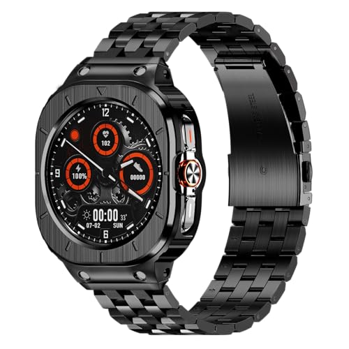 HASLFM Stainless Steel Case and Bands for Samsung Galaxy Watch Ultra 47mm Band for Men, Rugged Metal Protective Cases Band for Galaxy Watch 7 Ultra Band (Black)