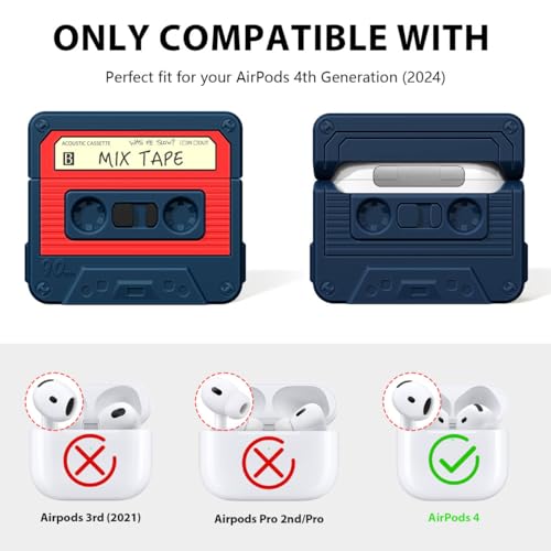 Image of KOREDA Compatible with AirPods 4 Case Cover, Funny Cassette Tape Design Case for Airpods 4th Generation 2024, Cute Cartoon Fashion Silicone Protective Case for Women Men (Blue)