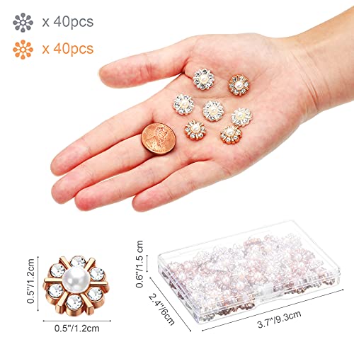 80 Pieces Rhinestone Pearl Buttons Flower Faux Pearl Buttons Rhinestone Craft Buttons Pearl Crystal Diy Buttons Flower Decorative Button Embellishments For Jewelry Sewing Supplies, Gold, Silver #TOP1