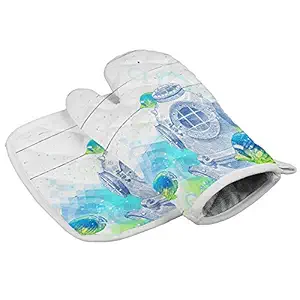 Ocean Insulation Gloves and Pot Holders Polyester Heavy Duty Cooking Gloves for Cooking Baking Grilling Pot Holders Sets 2 PCS Diving Helmet and Deep Sea Fish