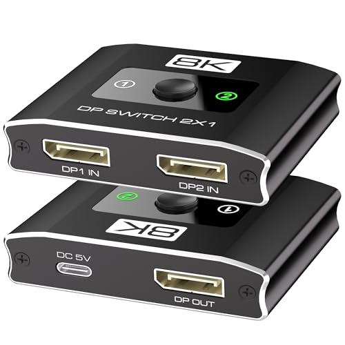 Displayport Switch 2-in-1-out 8K@60Hz 4K@120Hz Resolution DP 1.4 DisplayPort Switcher Selector Box DSC Support Display Port Switcher Compatible with Computers Laptop DesktopMonitorTV