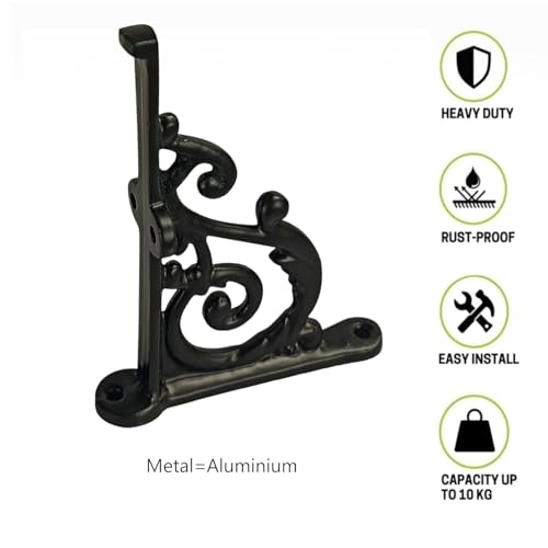 Image of Metal Handcrafted Shelf Bracket for Floating Shelves L Angle Decorative L Shaped Corner Brace Joint Heavy Duty Wall Mounted Shelf Supporter Corner Brace Holder (Black, Pack of 2)