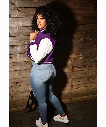 Image of Women Cropped Bomber Jacket Varsity Button Down Baseball Coat Streetwear | Long Sleeve Lightweight Casual Cropped Jacket With Pockets, Spring Autumn Outwear Y2K School Bomber Jackets for Women
