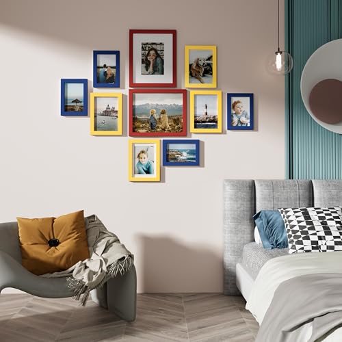 Image of Vittanly Picture Frames Set of 10, Picture Frames Collage Wall Decor with Two 8x10, Four 5x7 and Four 4x6 Photo Frames, Gallery Wall Frame Set for Wall or Tabletop Display, Red, Yellow and Blue