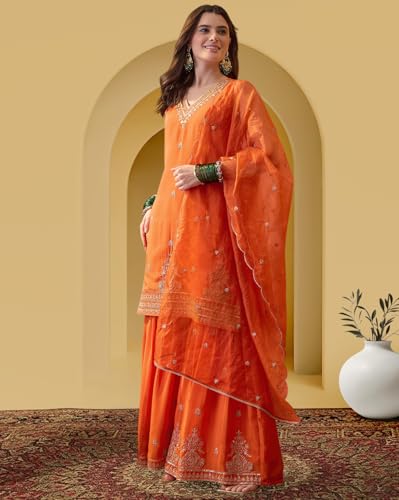 Image of Amazon Brand - Tavasya Women Silk Blend Zari Sequin EmbroideKurta with Sharara and Dupatta Set|Ethnic Wear (PHSKS1737 VBT 2XL)